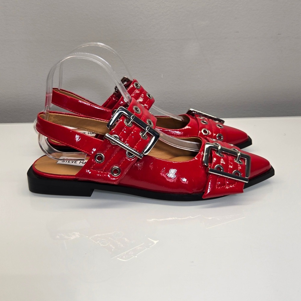 Steve‎ Madden Graya Slingback Flat Shoes 7.5 Red Patent Buckle Pointed Toe Moto